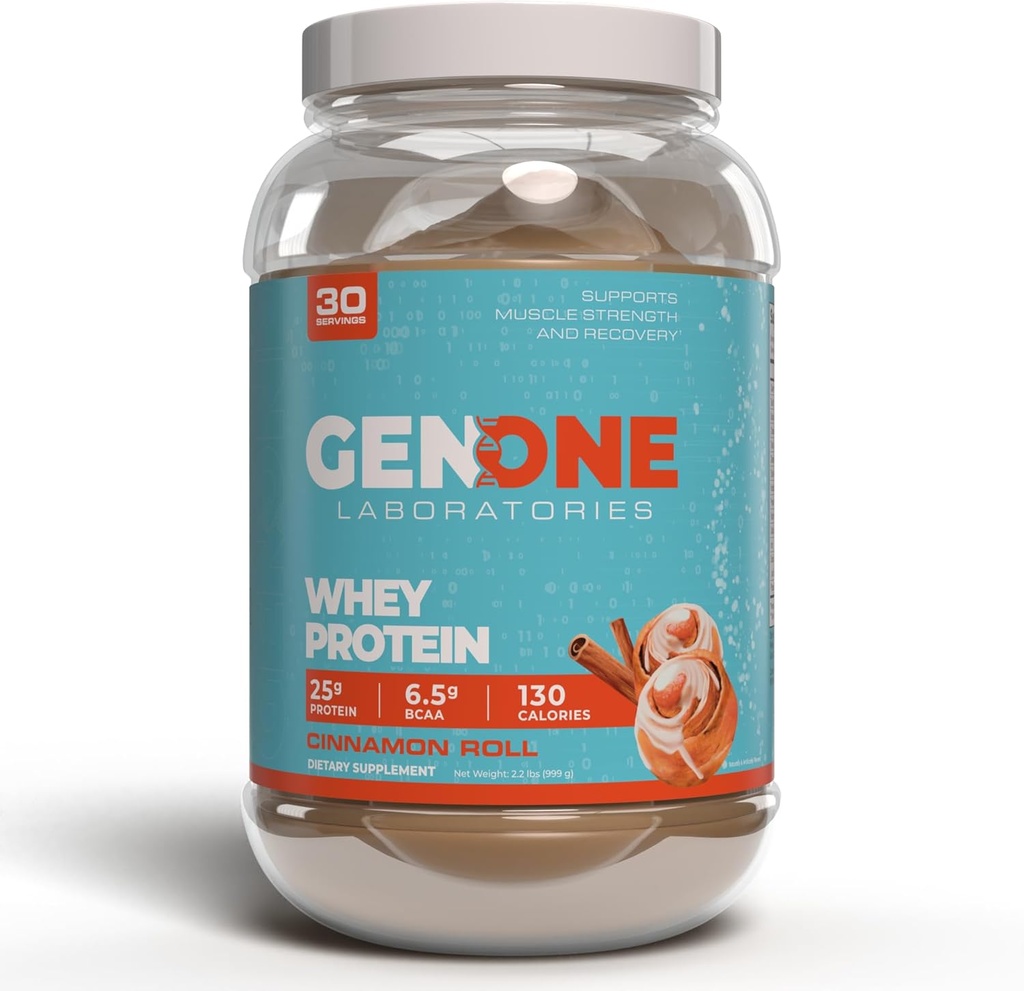 GenOne Whey Protein Powder Isolate, 25g Protein og 6,5g BCAAs per Serving, Cinnamon Roll, Low Carb, Fast Digesting, 30 Servering, 2,25 LB