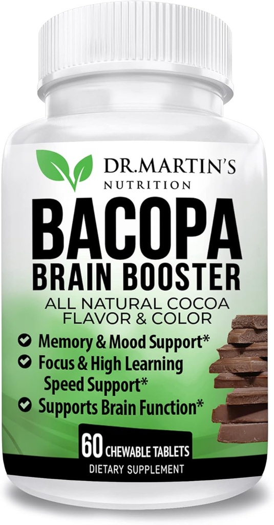 BACOPA MONNIERI / BRAHMI CHEWABEL Tabletterne er 124; Brain Booster supplement til hukommelse, Mood Support & Sharpness; Fokus & HØJT Læring & Brain Funktion er 124; AYURVEDIC HERB for børn & voksne; Cocoa Flavor
