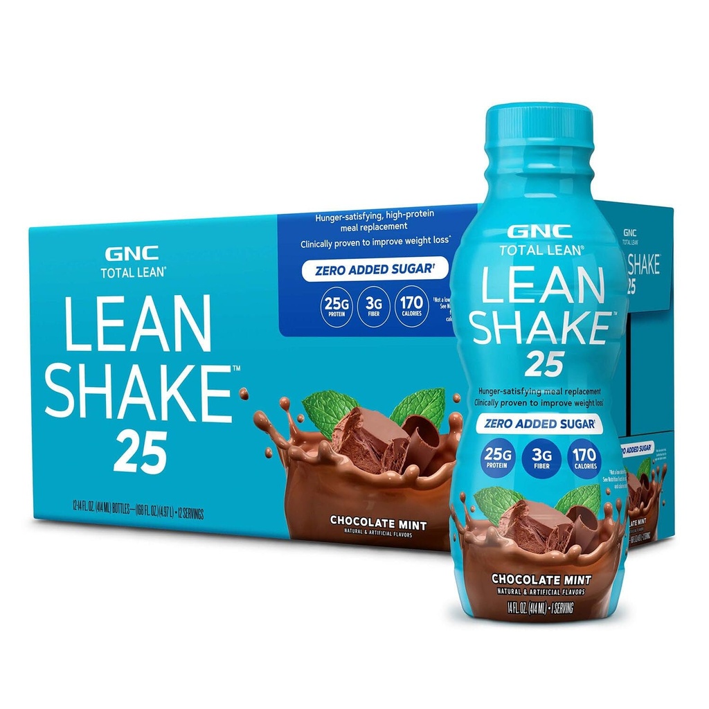 GNC Lean Shake 25 Protein Shake, Clinically Proven Weight Management, Meal Erstatning, 25g Protein med Zero Added Sugar, Klar til at drikke, Chokolade Mint, Pack med 12