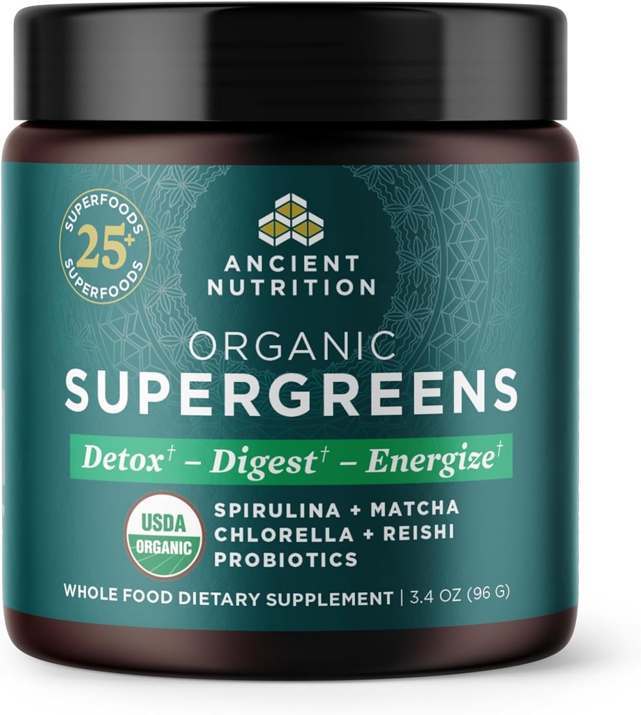 Ancient Nutrition Organic SuperGreens Powder med Probiotika, Organic Green Flavor Green, Lavet af ægte frugter, grøntsager og urter, fordøjelses- og energistøtte, 12 Servere, 3.4oz