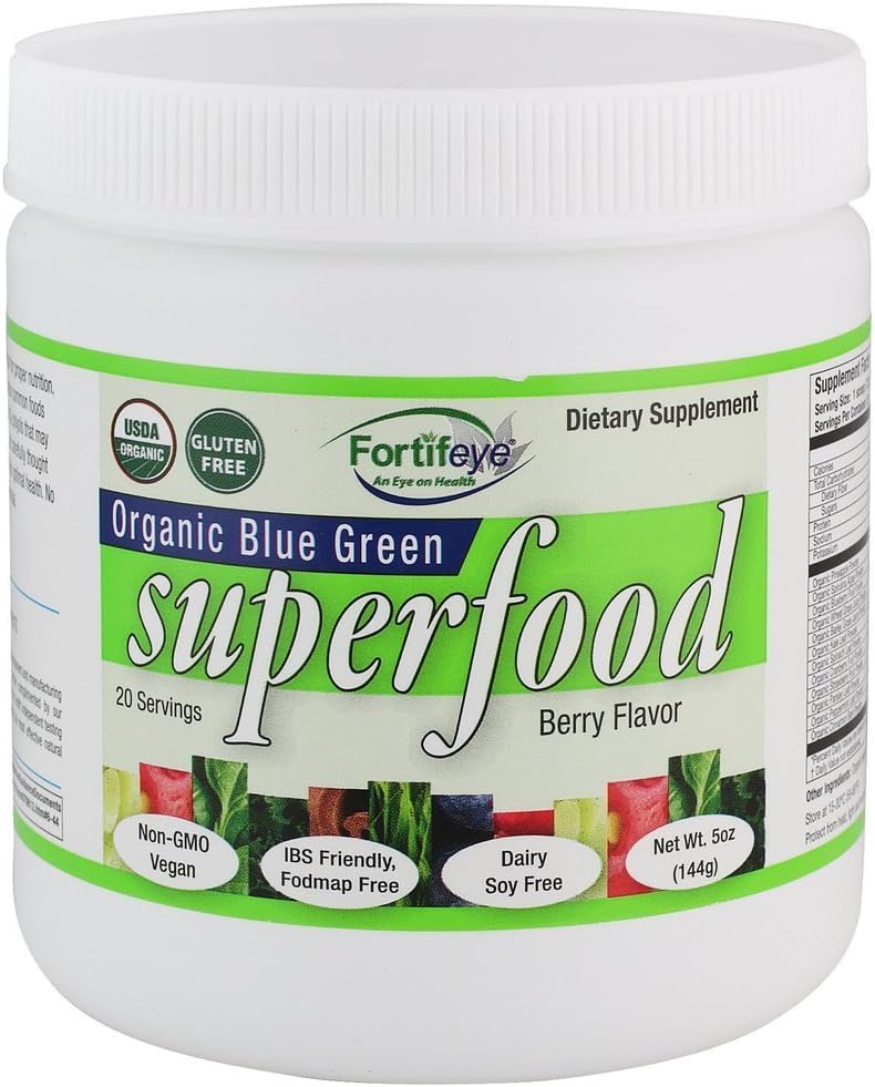 Fortifeye Organic Green Superfood Powder Supplement Berry Flavor 140g, 20 Servering Per Container - Rå, Vegan, Paleo, Gluten Free, Vitaminer Super Grønne Pulver til voksne, Teens & Seniors
