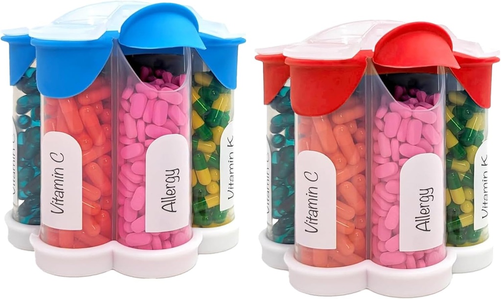 Ekstra Stor Pill Organizer Daglig, Ugentlig, Månedlig Supplement Flaske, Cute Blossom Pill Dispenser med 7 XL kompartmenter (2 Pack Combo) (lys blå og rød)