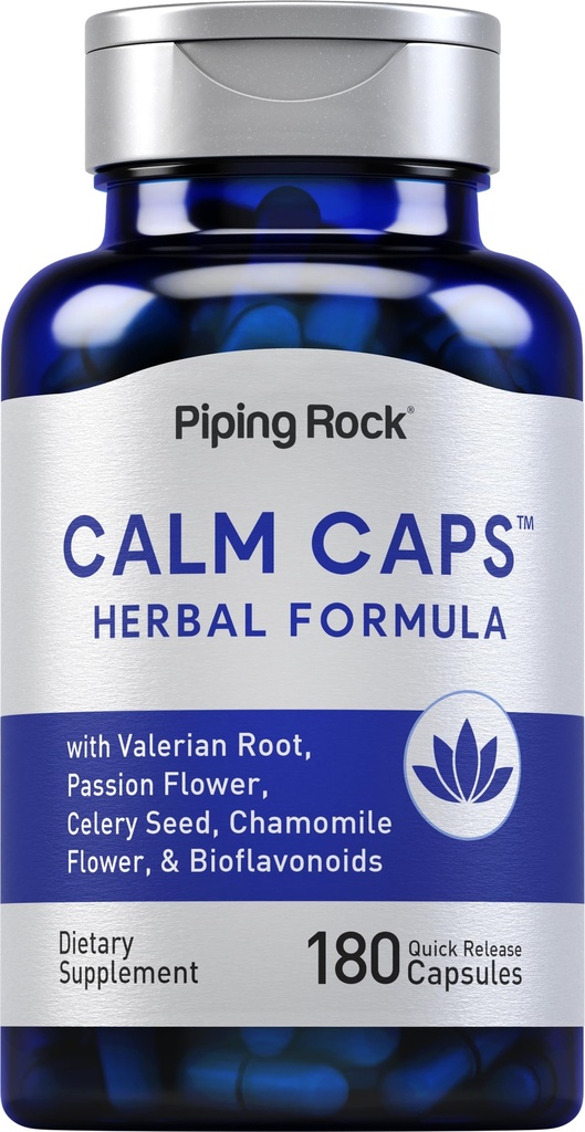 Piping Rock Calm Kapsler; 124; 180 Piller • 124; Urtebind • 124; med Kamille, Valerian, og Passion Flower • 124; Non- GMO, Gluten Free Supplement