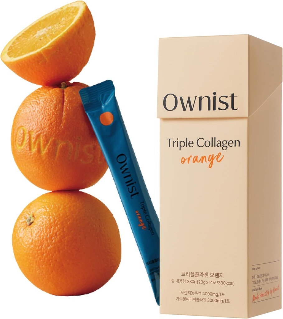 Ejner Triple Collagen Flydende Pakker On- The- Go - Peptider med hydrolyseret Marine Collagen, Elastin, Hyaluronsyre og Vitamin til sund hud - Orange Flavor - 14 Individuelle Stick Packs