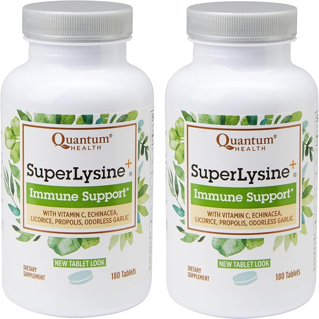 Quantum Health SuperLysin + Advanced Formel immunforsvar Support Lysin 1500 mg, C-vitamin Echinacea Licorice Bee Propolis & Odorless hvidløg - 180 tabletter (pakke med 2)