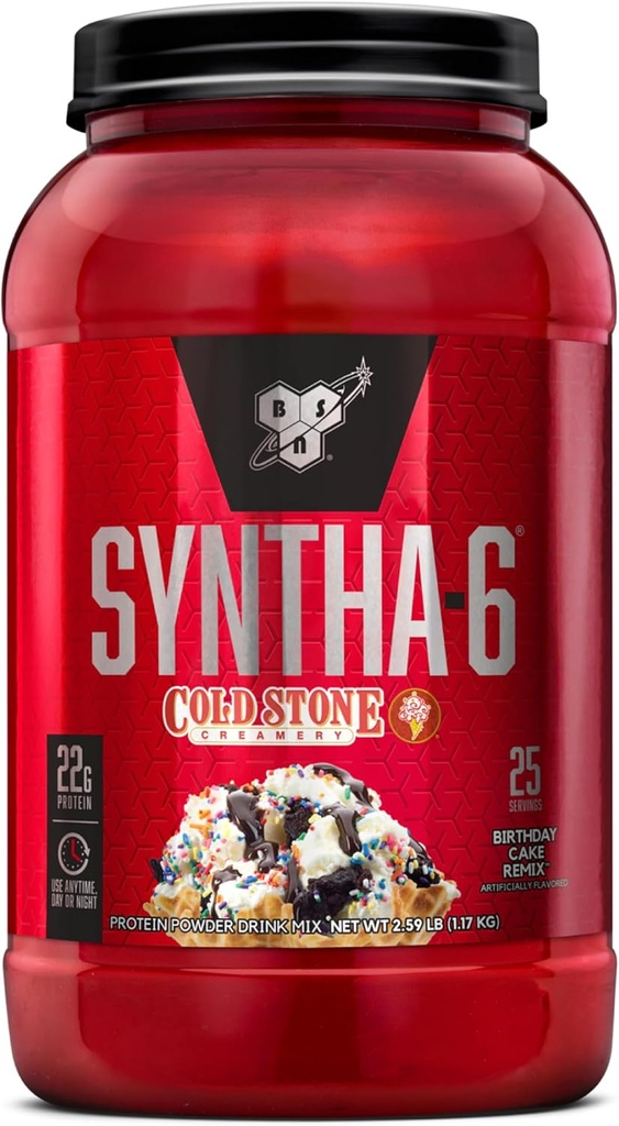 BSN Syntha-6 Whey Protein Powder, Cold Stone Creamery- Birthday Cake Remix Flavor, Micellar Casein, Milk Protein Isolate Powder, 25 Servings