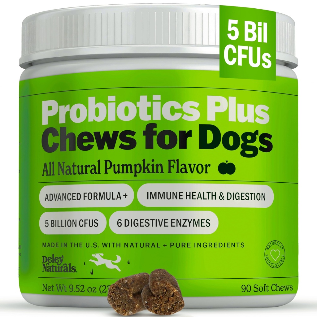 Deley Naturals Probiotika Plus Chews for Hunde, Gut Health Supplement, 5 Millioner CFU 'er, fordøjelsesenzymer, Prebiotika, Hundeallergi, Diarré, Gær, Græskar Flavor, 90 Greve - Made in The USA