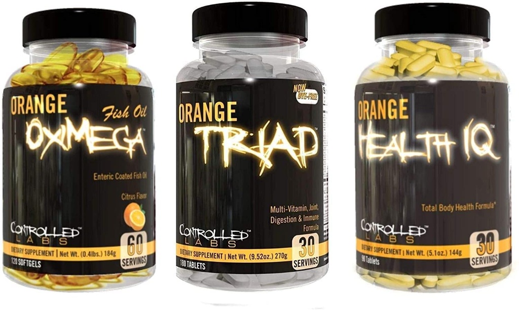 CONTROLLED LABS Samlet sundhed Bundle, 30 Servere Orange Triad, 90 Grev Orange sundhed IQ, 120 Grev Orange Oximega Fish Oil, Muscle Building og Inddrivelse Supplement for mænd og kvinder