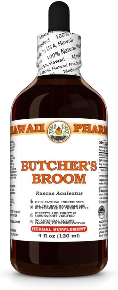 Hawaii Pharm Butcher 's Broom Extract, Tinktur til Circulatory Support, Promodes Comfort, Reduces Hævelse, Eases Lightheaduty, Understøtter Balance & Stabilitet - 4 fl.oz