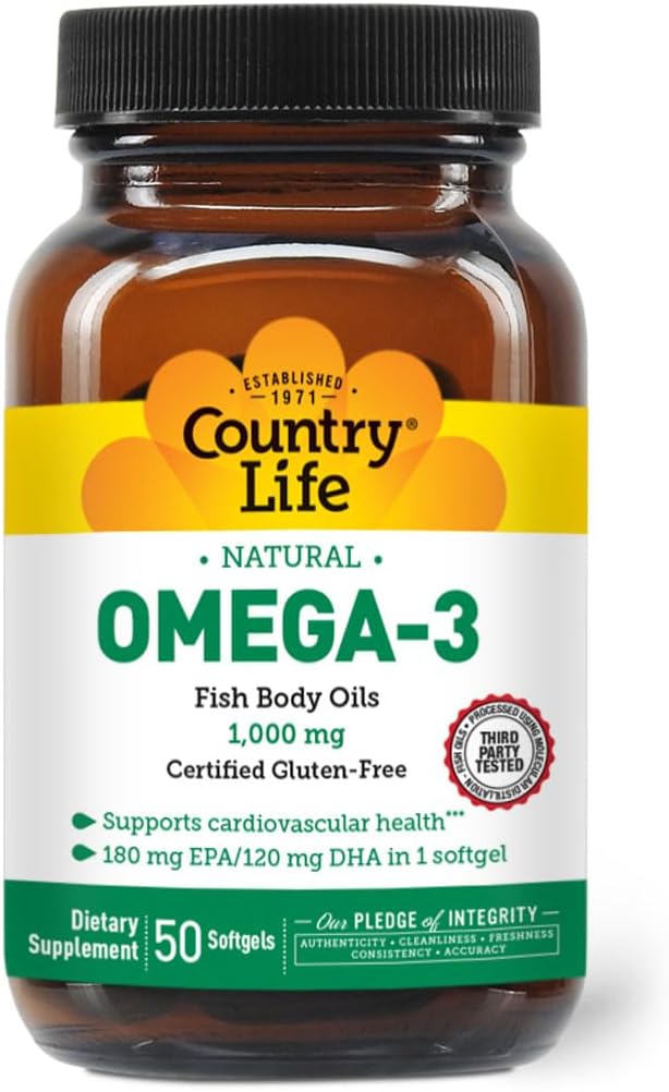 Country Life Omega-3 Fish Oil Supplement, 10000mg, 180mg EPA & 120mg DHA, Fish Oil Concentrate, Burpless, 50 Softgel, Certified Gluten Free
