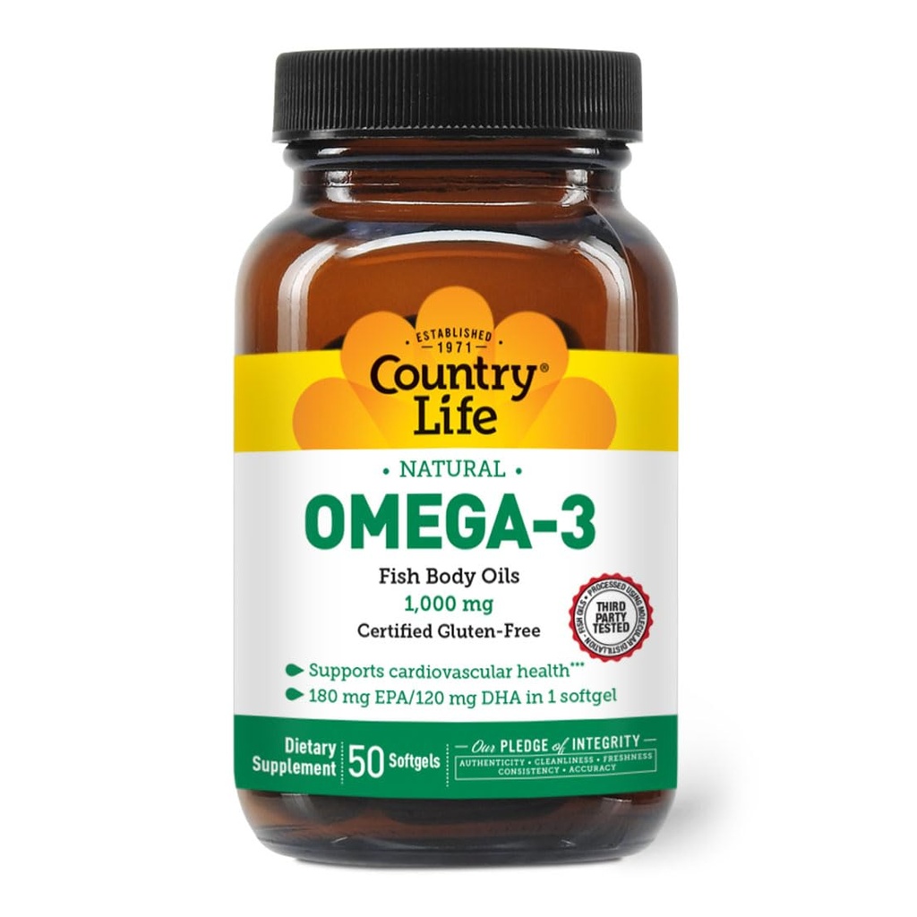 Country Life Omega-3 Fish Oil Supplement, 10000mg, 180mg EPA & 120mg DHA, Fish Oil Concentrate, Burpless, 50 Softgel, Certified Gluten Free