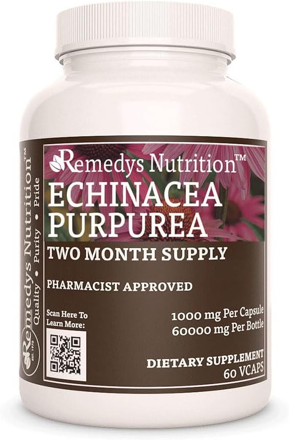 Remedys ernæring Echinacea 1. 000 mg, 60 Veganske kapsler Urtetøj Kosttilskud 1. 4; Two Month Supply
