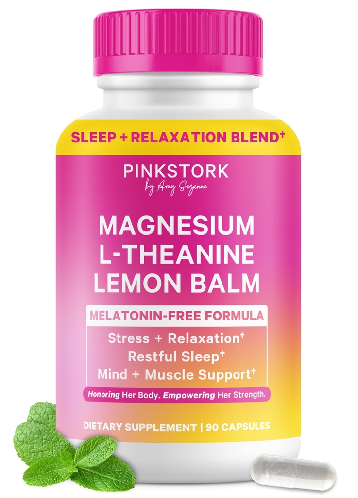 Pink Stork Magnesium Glycinat, L- Theanin, Lemon Balm - Melatoninfri Magnesium til sovende - Natural Call and Relaxation - 90 kapsler