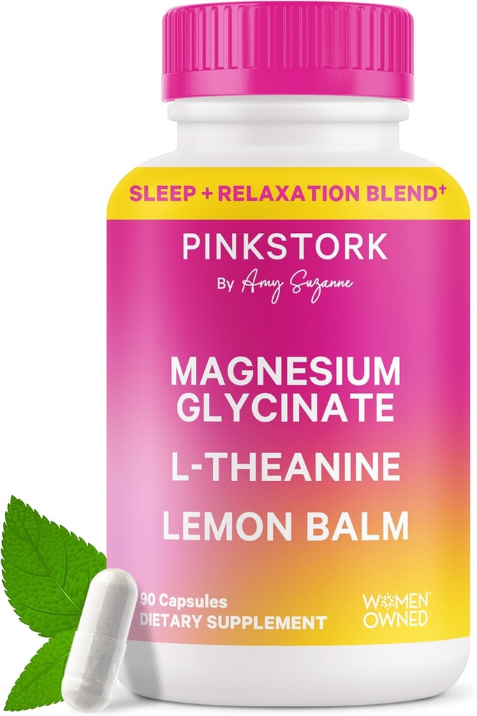 Pink Stork Magnesium Glycinat, L- Theanin, Lemon Balm - Melatoninfri Magnesium til sovende - Natural Call and Relaxation - 90 kapsler
