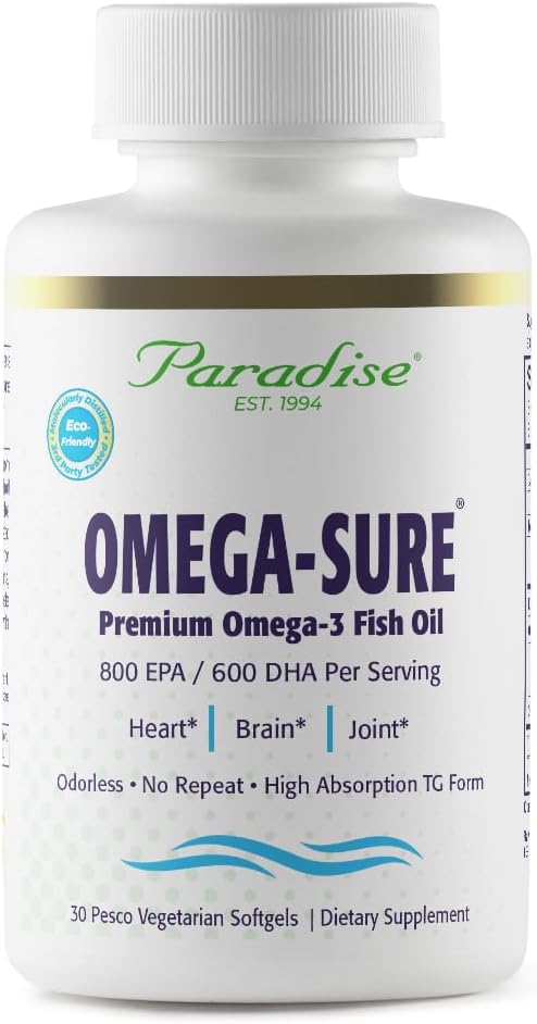 Paradise urter Omega- Sikker, Omega-3 Koncentrat, Premium Fish Oil, DHA, EPA, Vegan, Non GMO, Gluten Free, 30 Count Vegetar Softgels