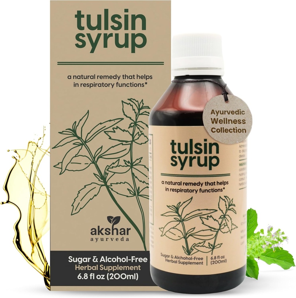 AKSHAR Ayurveda - Tulsin Syrup, Natural Hough Syrup med lakrids, Ginger, Gurmerisk, Basil, Malabar Nut - Respiratory Lung Health Kosttilskud, Mucus Relief & Bronchial Wellness Syrup (6.8 fl oz)