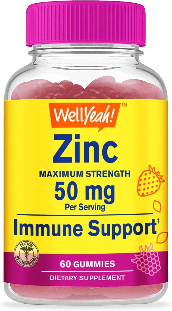 WellYeah Zinc Gummies 50 mg - Supports Healthy Immune Function and Antioxidant Health - Natural Berry Flavor - Gluten-Free, GMO-Free - Chewable Gummy Dietary Supplement - 60 Gummies