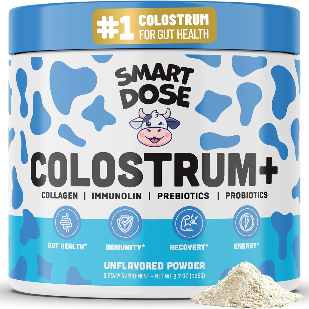 Kovine Colostrum + pulver til Gut Health & fordøjelse - 12- in-1 Formel til bloating, immunforsvar & energi - med 45% IgG ImmunoLin, Probiotika, Prebiotika, Collagen & L- Glutamin