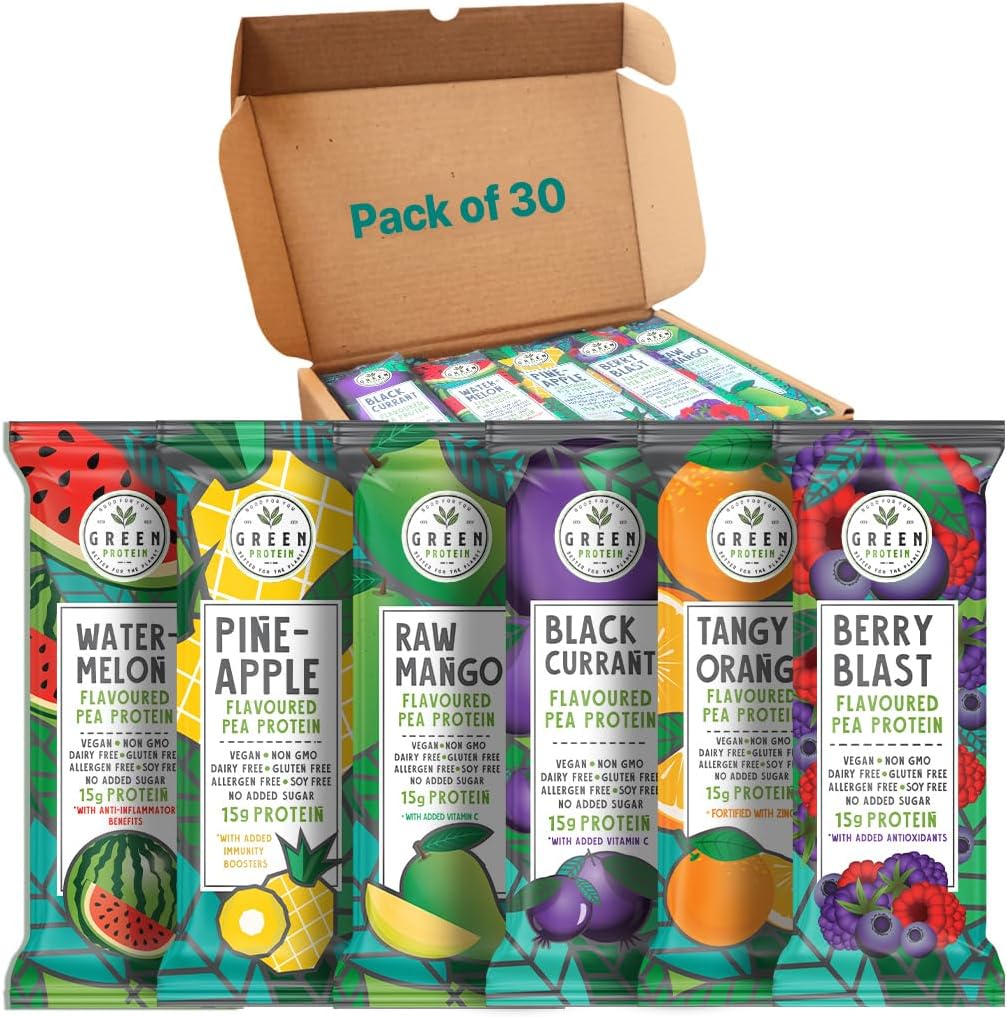 GreenProtein Mezzogiorno, Gluten Allergen & Soy Free, No Added Sugar Mezzogiorno, Black Currant, Berry Blast, Watermelon, Raw Mango & Orange Mezzogiorno 124; Pack of 30