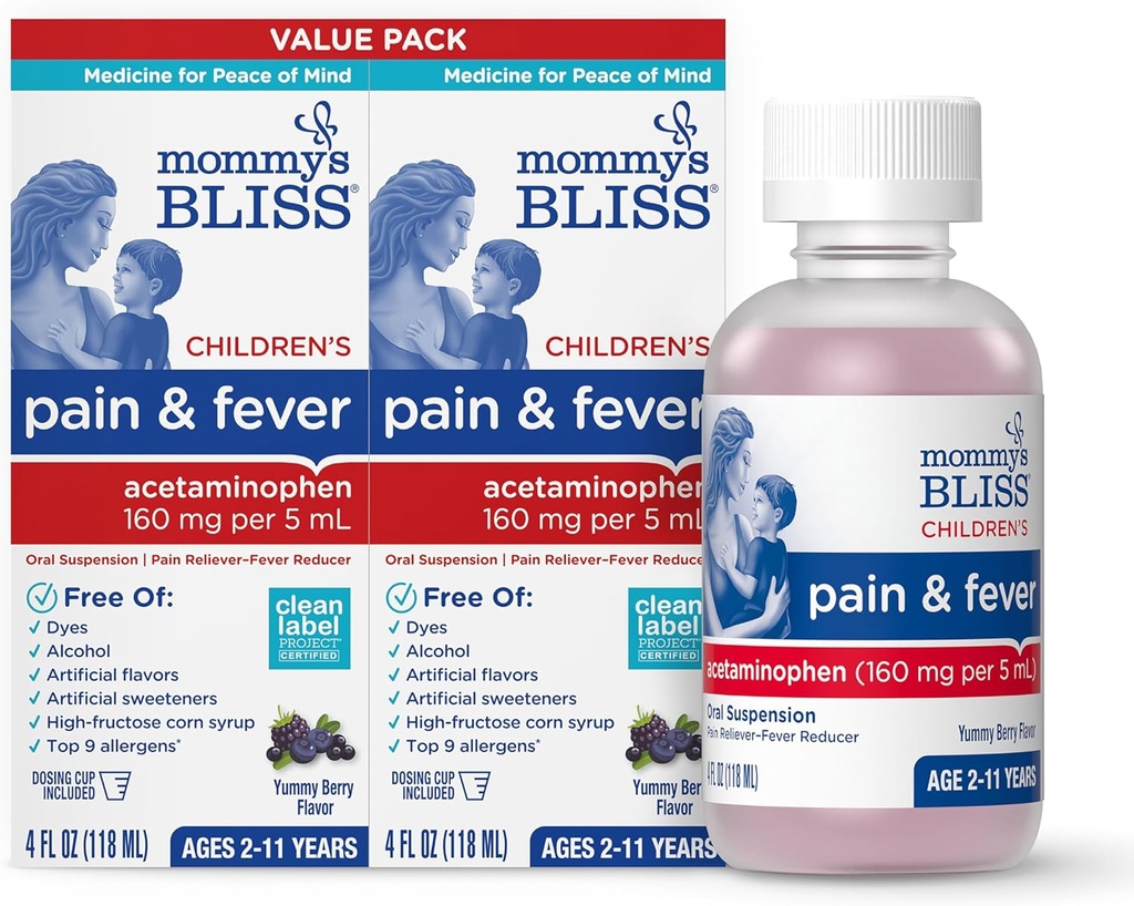 Moar 's Bliss Children' s Pain and Fever Reducer, Kids Acetaminophen, Dye Free, Lækker blandet Berry Flavor, Age 2 +, 4 Fluid Ounces (Pack of 2)