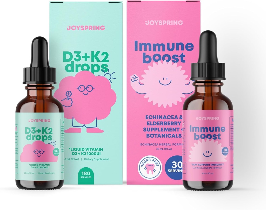JoySpring Immundryps & D-vitamin Bundle # 124; Kids Vitaminer naturligt Sourced, Non- GMO, Non- Alkoholic Liquid Formel, Immunity Health Support # 124; Vegansk & Vegetarisk Kosttilskud