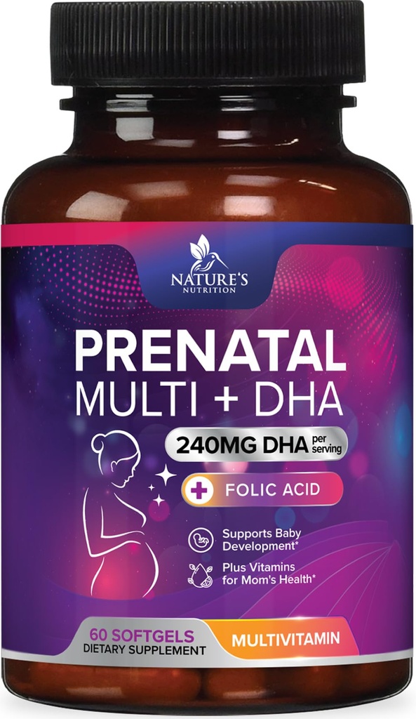 Prenatal Vitamin med folinsyre & DHA, Føtal Brain Development Support med Folate & Omega 3 s, Prenatal Multivitamin til kvinder, vitamin A, C, D, B6, B12 & Jern, Graviditet Supplement - 60 Softgels