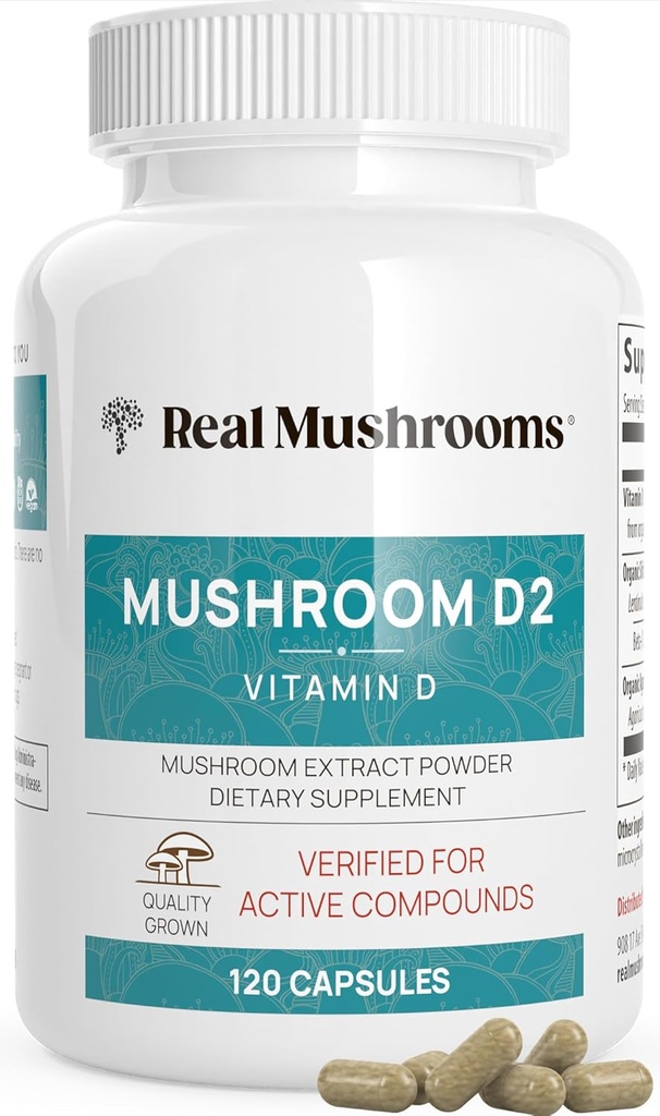 Ægte svampe Vitamin D2 fra Shiitake & Agaricus - Vegansk Mushroom- baseret D supplement - Vitaminer for samlet wellness Support- Organic, Non- GMO, 1000 IE - 120 Count Funktionel Mushroom