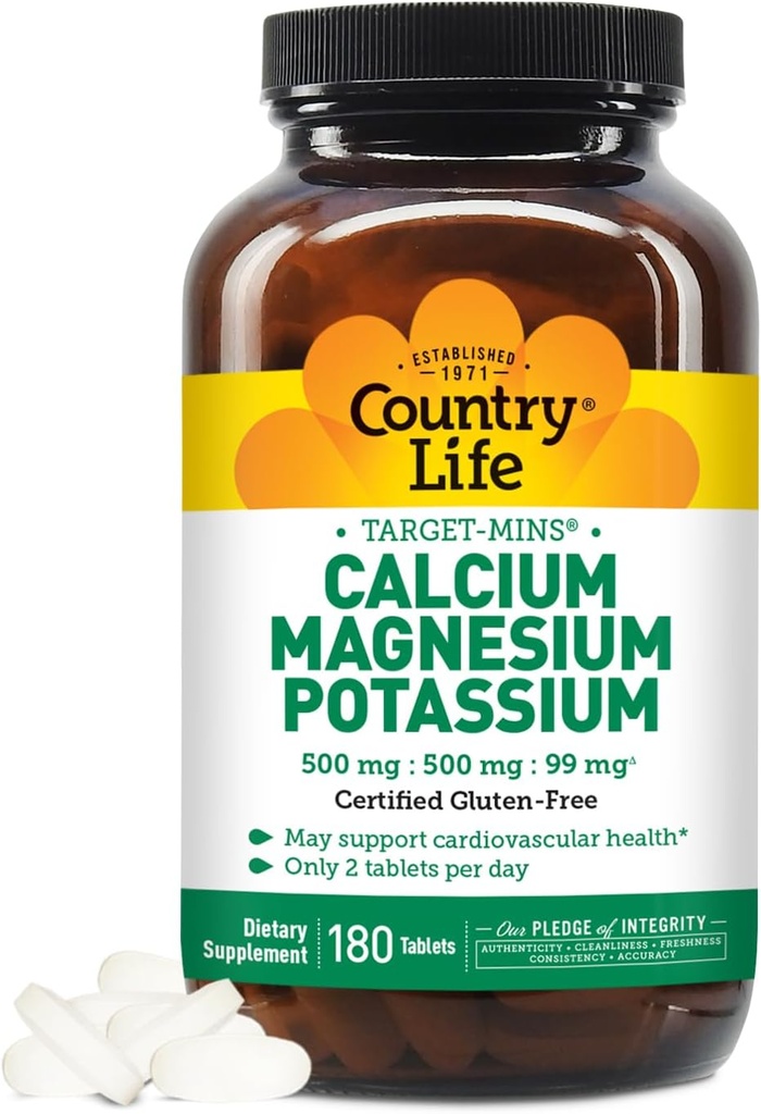 Country Life Target Mins - Calcium Magnesium Kalium Bone & Heart Health Supplement, 1000mg Calcium, 500mg Magnesium, Understøtter Calcium Udnyttelse, 180 tabletter - Certificeret Gluten Free & Vegan