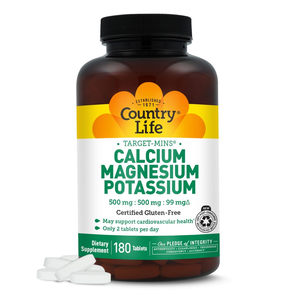 Country Life Target Mins - Calcium Magnesium Kalium Bone & Heart Health Supplement, 1000mg Calcium, 500mg Magnesium, Understøtter Calcium Udnyttelse, 180 tabletter - Certificeret Gluten Free & Vegan