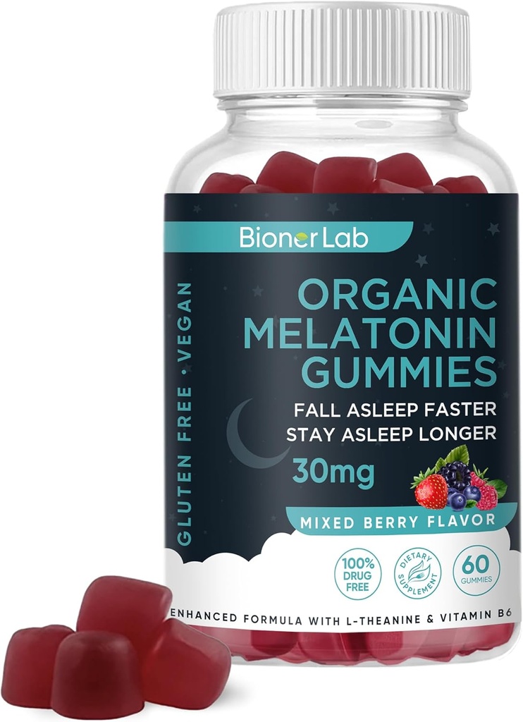 BionerLab Melatonin Gummies (30mg) Forbedret med L- theanin & vitamin B6 til voksne kvinder Mænd - Ekstra styrke Chewables Rolige Gummy - Gluten Free