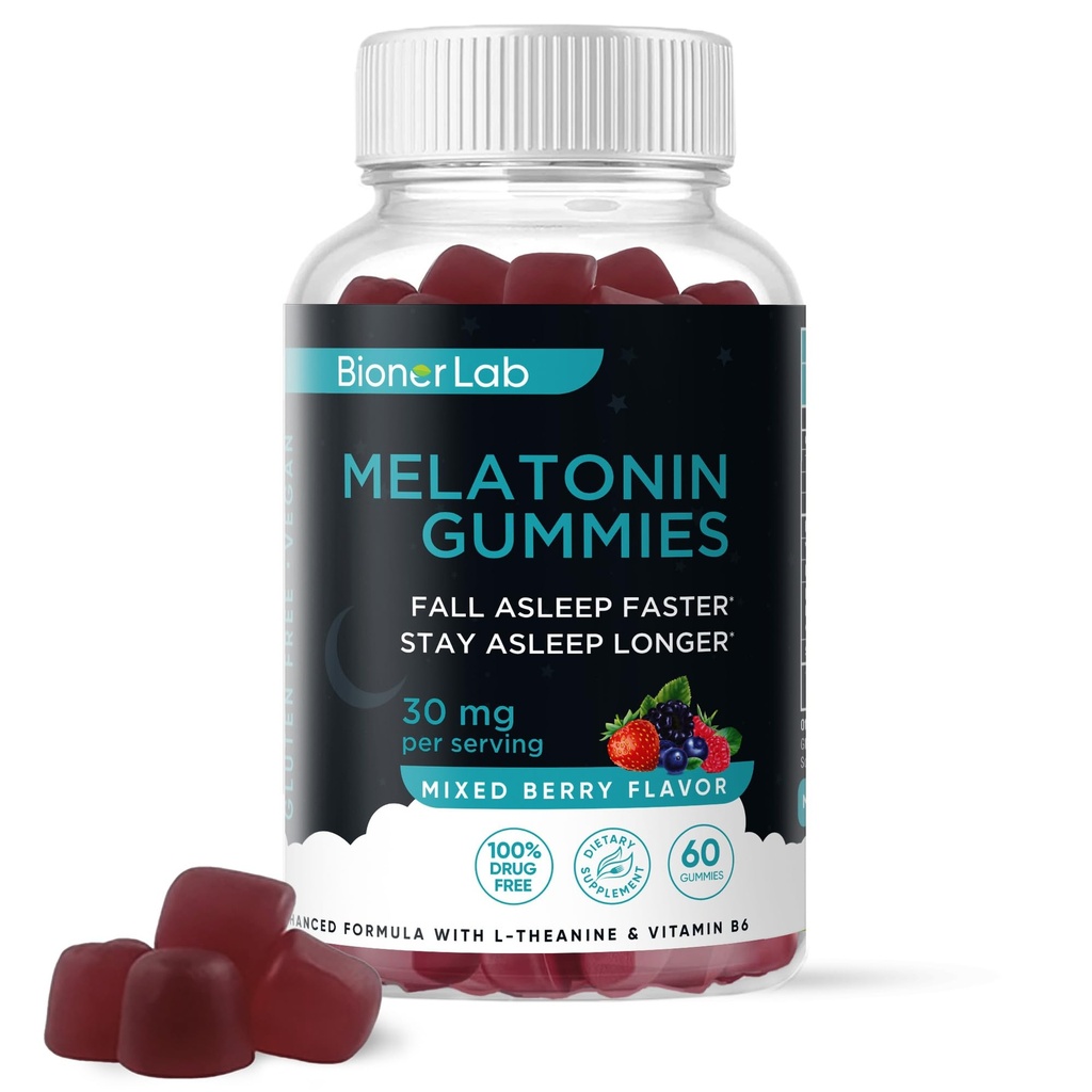 BionerLab Melatonin Gummies (30mg) Forbedret med L- theanin & vitamin B6 til voksne kvinder Mænd - Ekstra styrke Chewables Rolige Gummy - Gluten Free