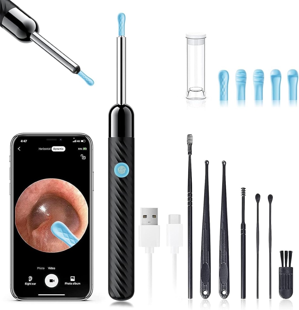 Ear Wax Remover Tool - Earwax Remover Tool med 8 Pcs Ear Set - Ear Canal Cleaner med 1080P kamera - FSA HSA Støtteberettiget - Ear Rengøring Kit med 6 Ear Spoon - Ear Camera til iOS & Android (Sort)