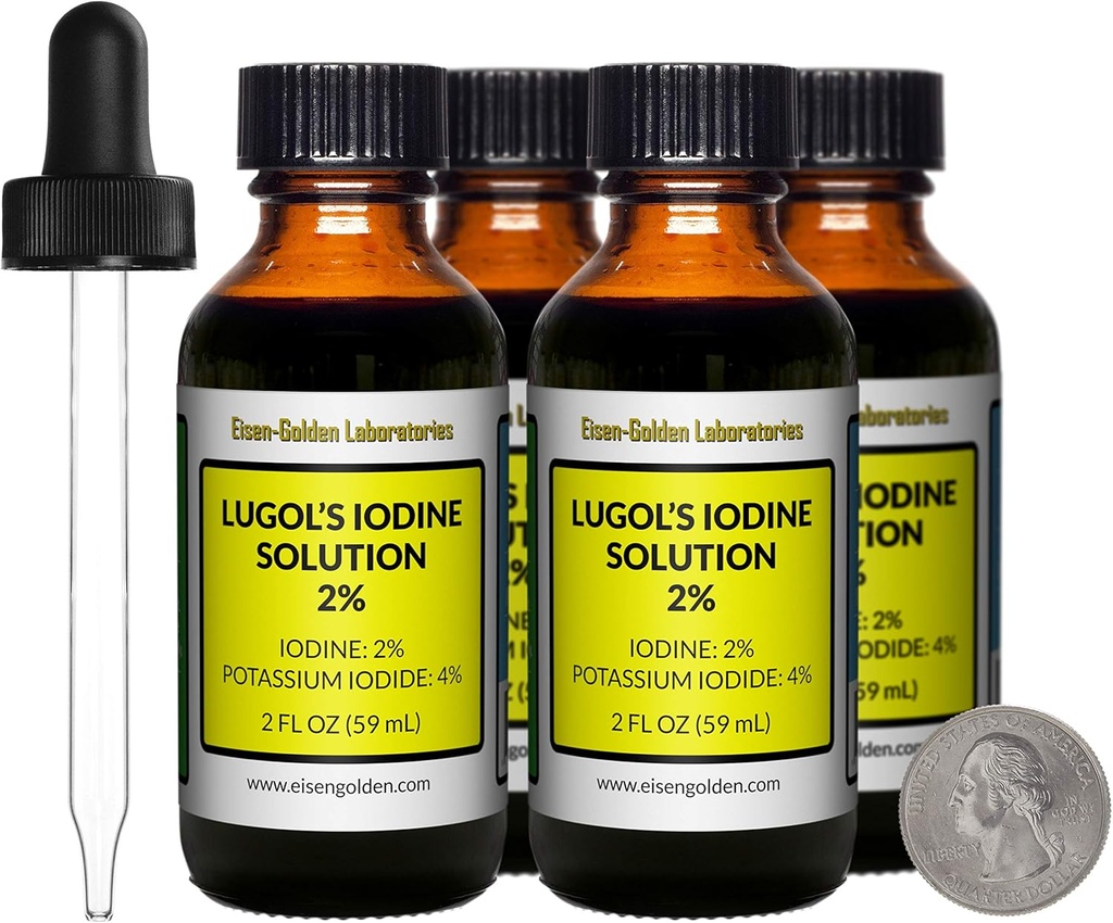 Lugol 's Jod / 2% opløsning / 8 Oz i Four Amber glasflasker / Free Droppers / USA