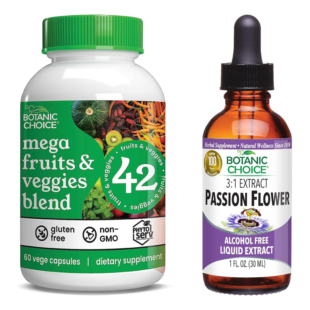 Botanic Choice Mega Fruits and Veggies Blend (60 kapsler) + Passion Flower Extract (1 fl oz) Bundle - Energy Balance & Superfood supplement + afslapningssupport