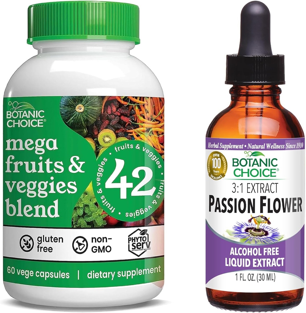 Botanic Choice Mega Fruits and Veggies Blend (60 kapsler) + Passion Flower Extract (1 fl oz) Bundle - Energy Balance & Superfood supplement + afslapningssupport