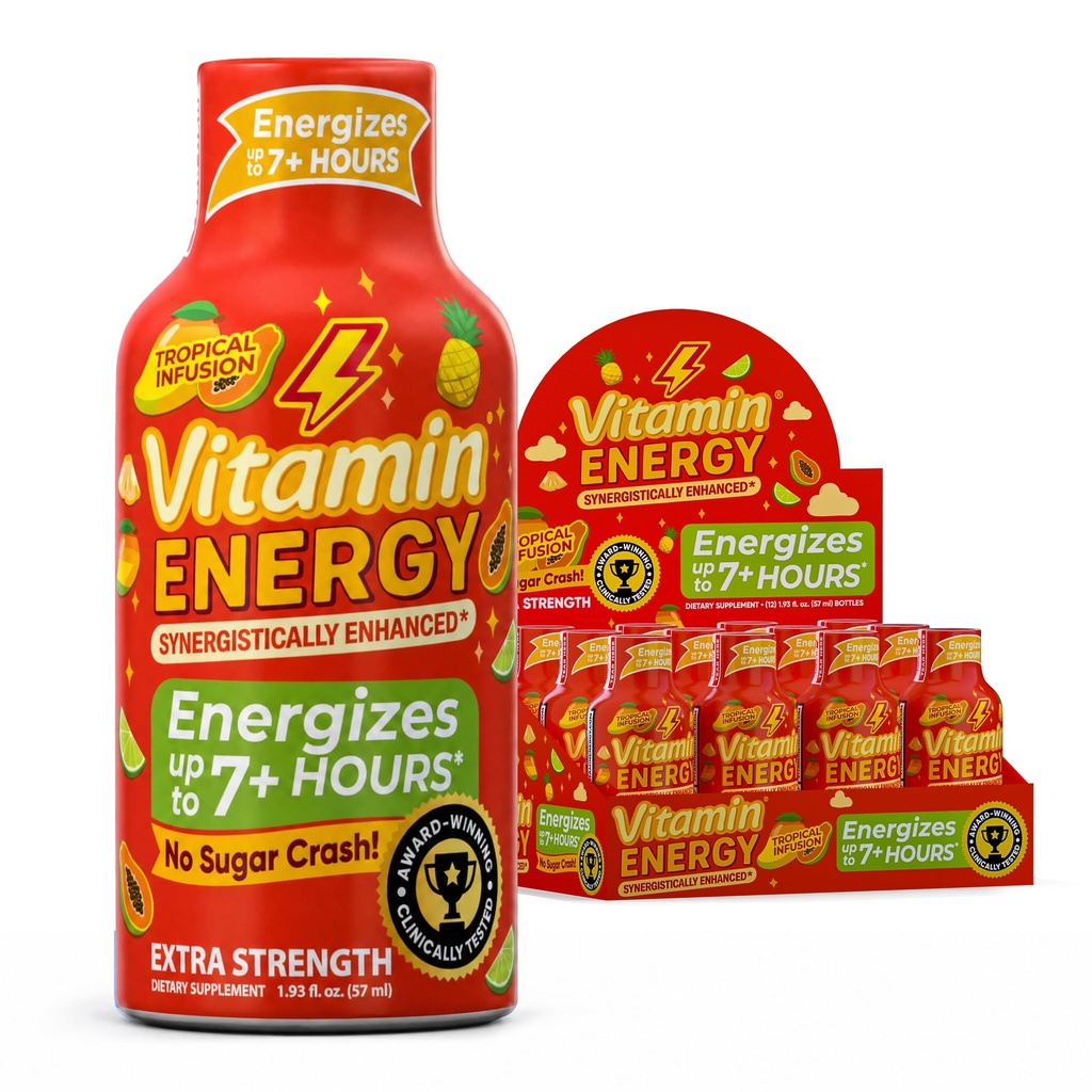 Vitamin Energy immun + ekstra styrke Energy Shot Mango 12 Pack, 260mg Natural Koffein, B-Vitamin, Citicolin, Green Tea, Immunity & Focus Support, Zero Sugar, Gluten- Free 1,93 fl oz