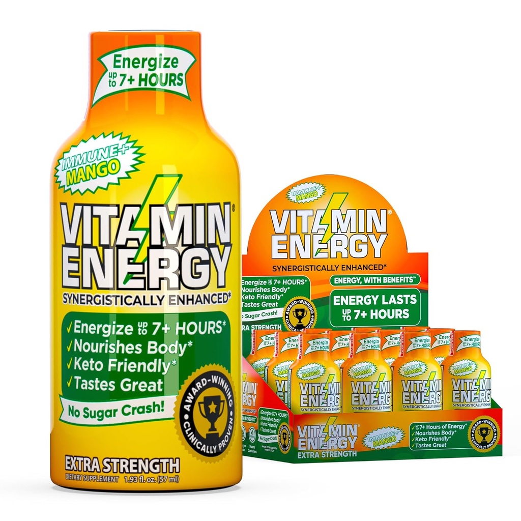 Vitamin Energy immun + ekstra styrke Energy Shot Mango 12 Pack, 260mg Natural Koffein, B-Vitamin, Citicolin, Green Tea, Immunity & Focus Support, Zero Sugar, Gluten- Free 1,93 fl oz