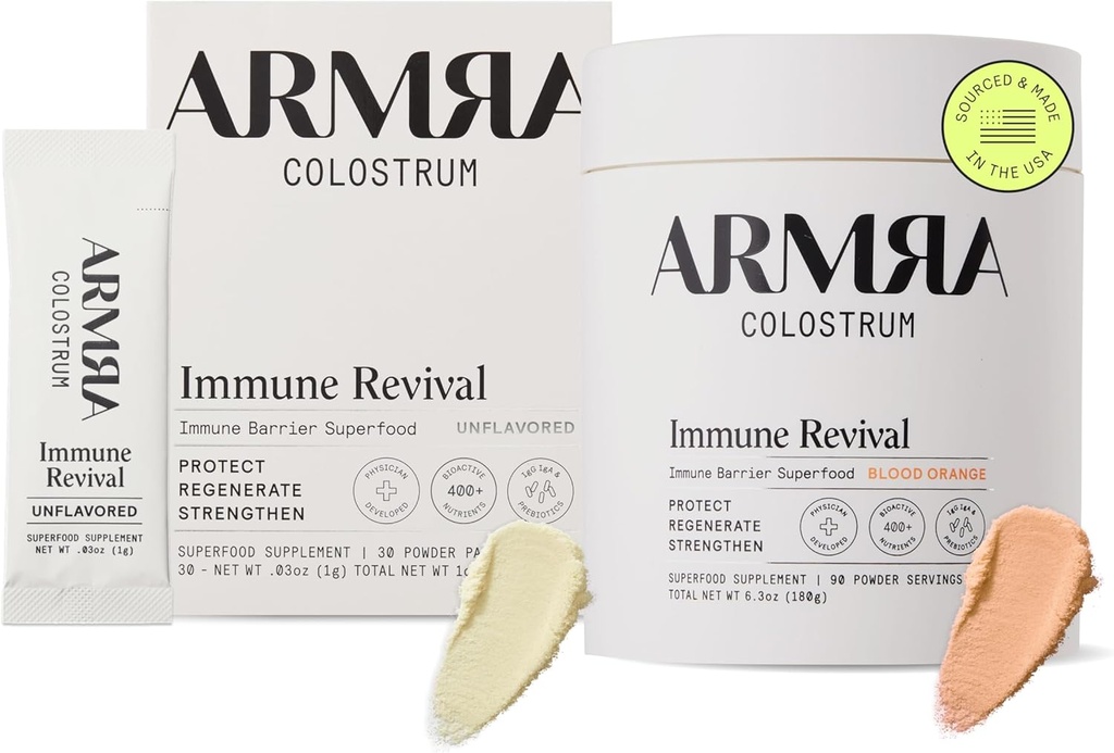 ARMRA Colostrum ™ Premium Powder, Grass Fed, Gut Health Bloating Immunity Skin & Hår, Indeholder 400 + bioaktive næringsstoffer, Potent Bioavailable, Keto, Gluten & Fat Free (Unflavored 30 Mear Blood Orange 90)