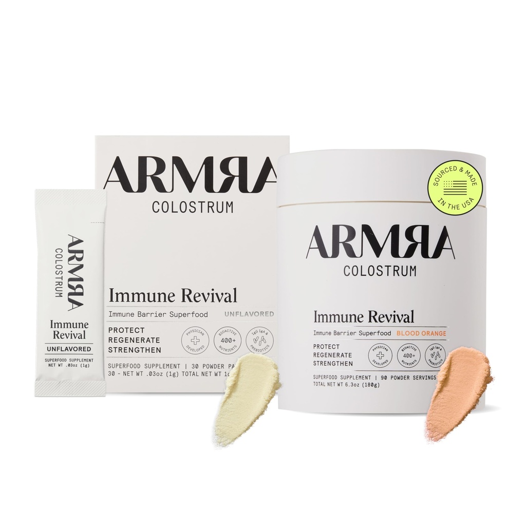 ARMRA Colostrum™ Premium Powder, Grass Fed, Gut Health Bloating Immunity Skin & Hair, Contains 400+ Bioactive Nutrients, Potent Bioavailable, Keto, Gluten & Fat Free (Unflavored 30｜Blood Orange 90)