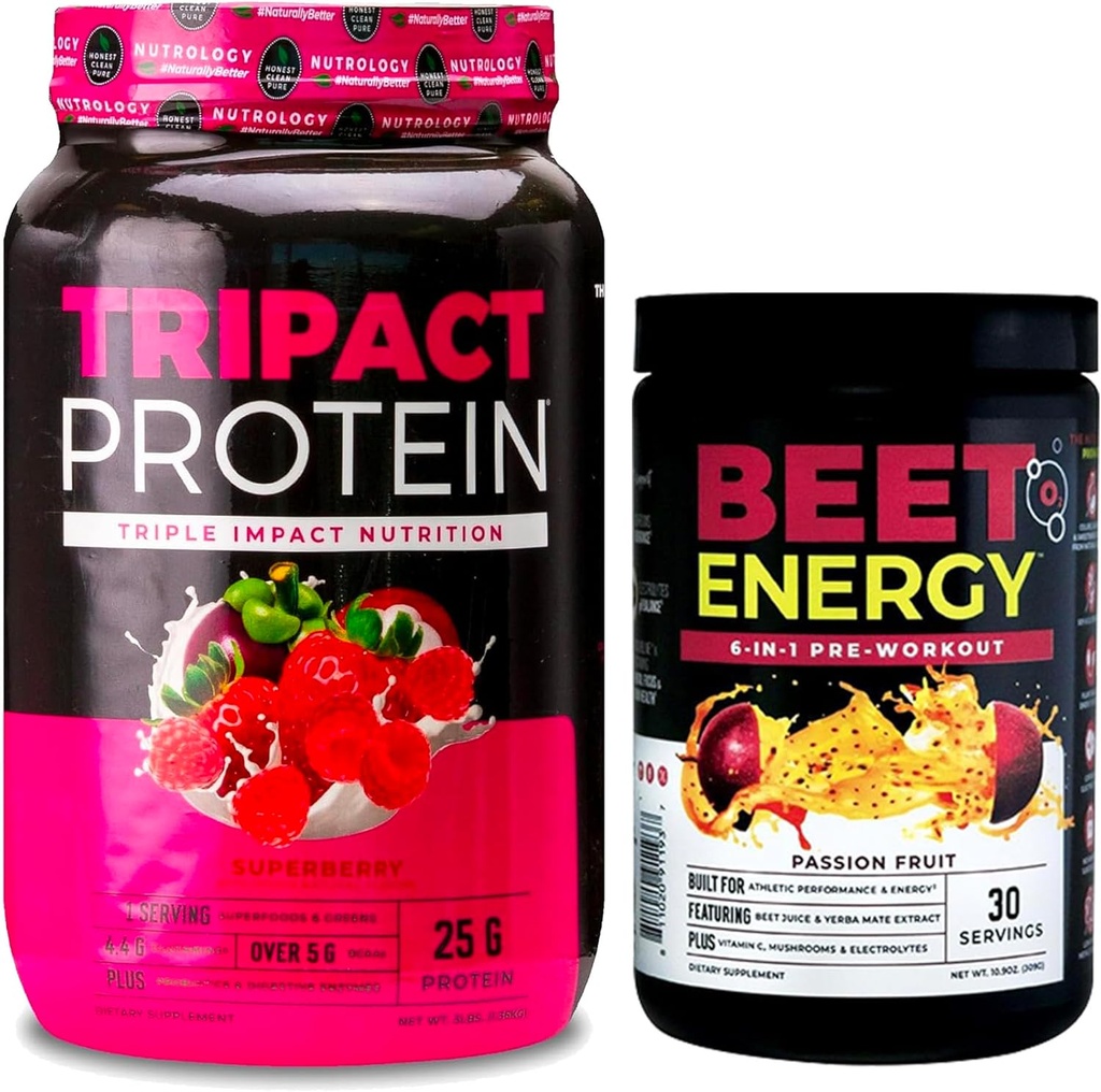 Nutrologi TRIPACT Protein Powder, 7- in-1 Meal Erstatning Shake, Superberry (40 Servere) Beet Natural O2, Pre Workout Powder, Passion Fruit Flavor (30 Servere)