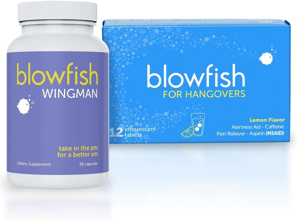 Blowfish Hangover System: Pre-Drinking Support + Morning Relief for Enhanced Recovery – 12 Effervescent Tablets & 30 Pills Included