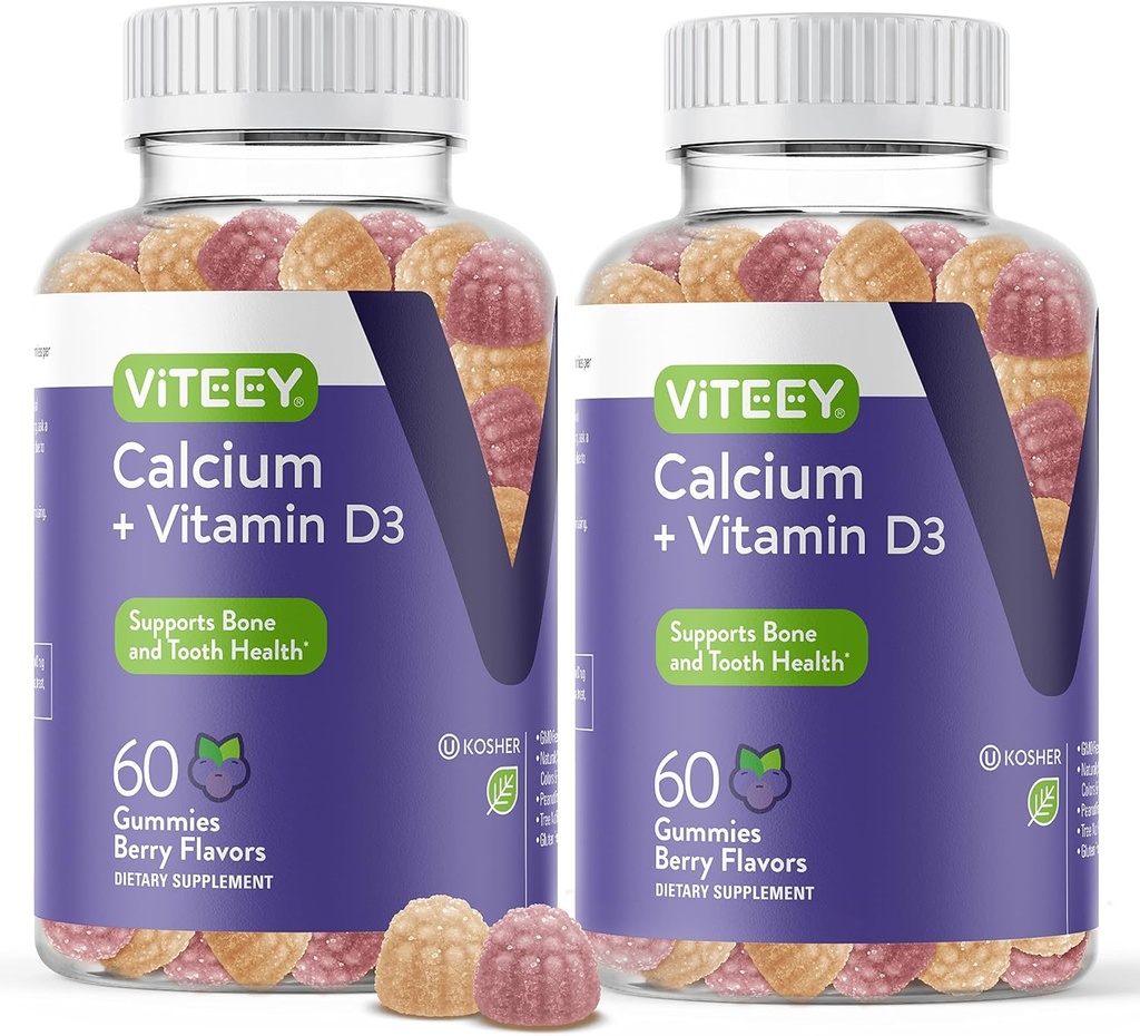 Calcium Gummier med vitamin D3 - Understøtter Bone Sundhed & Tooth Sundhed - Chewable Calcium Gummier for kvinder, Mænd & Teens - Kosher, Gluten Free, GMO fri, Tasty Berry Flavored Calcium Chews Gummy