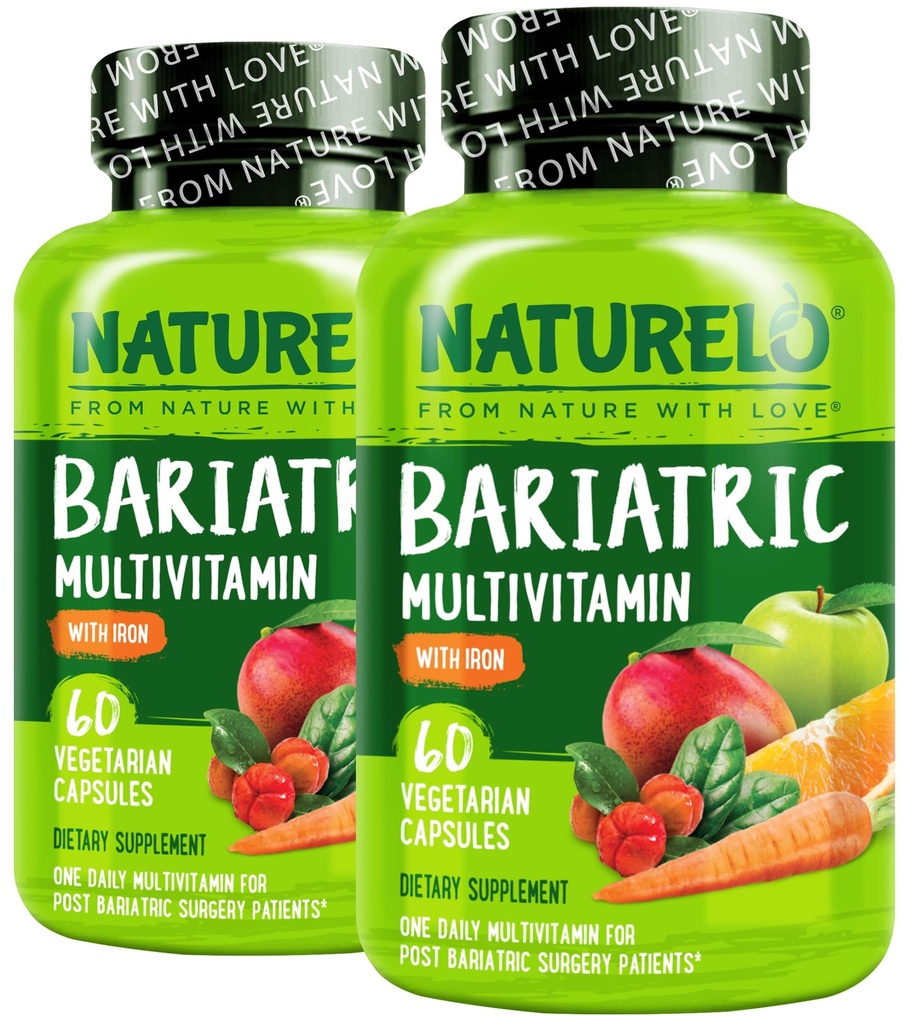 NATURELO Bariatric Multivitamin - En daglig med jern - Supplement til Post Gastric bypass Kirurgi Patienter - Natural Whole Food Nutrition - 60 Veggie kapsler (pakke med 2)
