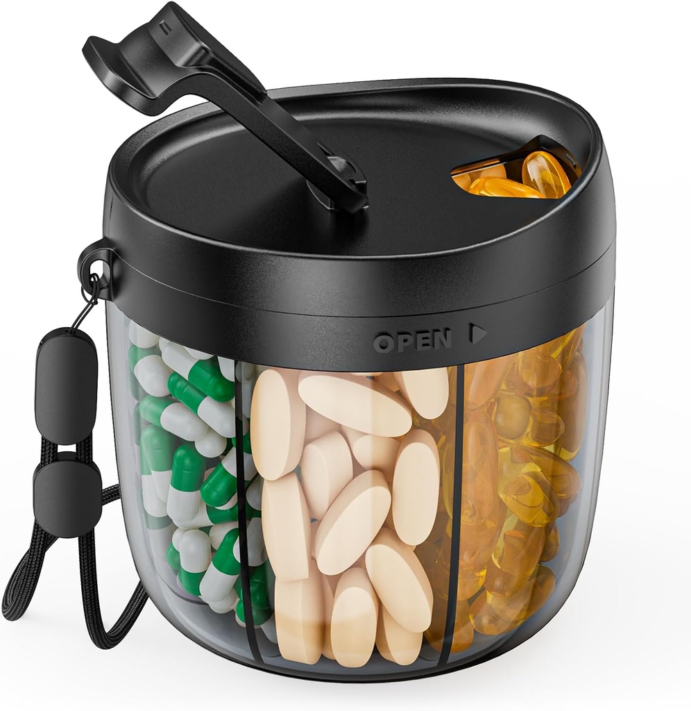 PULIV Portable Pill Dispenser Flaske, Vitamin Organizer med 7 kompartmenter, indeholder masser af kosttilskud med anti-blanding & Wide Åbninger Design, Let at hente medicin, Inkluderer 20 Pcs Sticky Labels