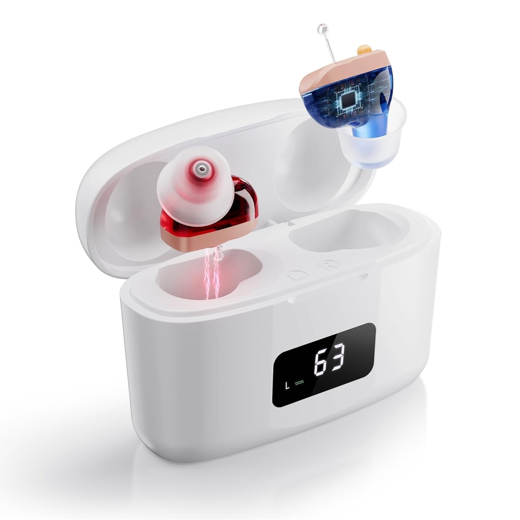 Høremidler Genopladelig for seniorer med Feedback Annullering & støjreduktion, Usynlig CIC hørelse forstærker, Komfortabel for All Day Wear, 26dB Gain, 3 Modes med LED Display