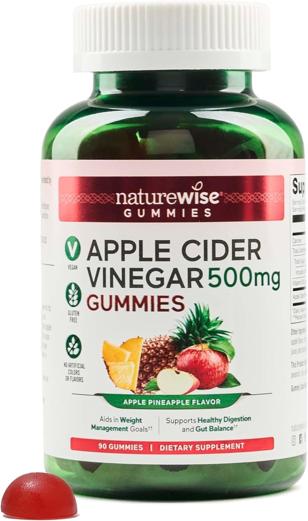 NatureWise Apple Cider Vinarea Gummies - 1000mg ACV per 2 + vitamin B12 - Pectin baseret Vegan, Gluten- fri, ikke-GMO-90 Greve [45-Day Supply for 1000mg eller 3- Months for 500mg]