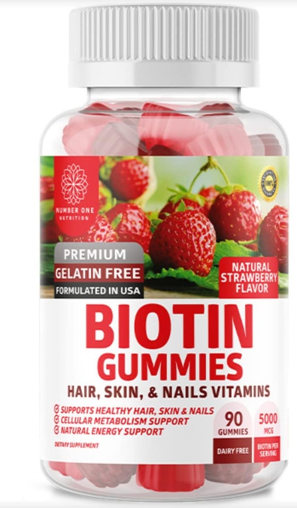 N1N Premium Biotin Gummies 5000mcg [høj potens, 90 Gummies] for sundt hår, hud og negle for voksne og børn, Vegan, non-GMO, Pectin baseret