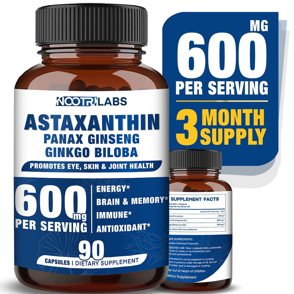 Astaxanthin 15mg + Panax Ginseng, Ginkgo Biloba Kosttilskud, 90 Vegankapsler, fremmer Eye Health Energy, Cardiovaskulær Support + immunforsvar og fokus