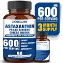Astaxanthin 15mg + Panax Ginseng, Ginkgo Biloba Kosttilskud, 90 Vegankapsler, fremmer Eye Health Energy, Cardiovaskulær Support + immunforsvar og fokus