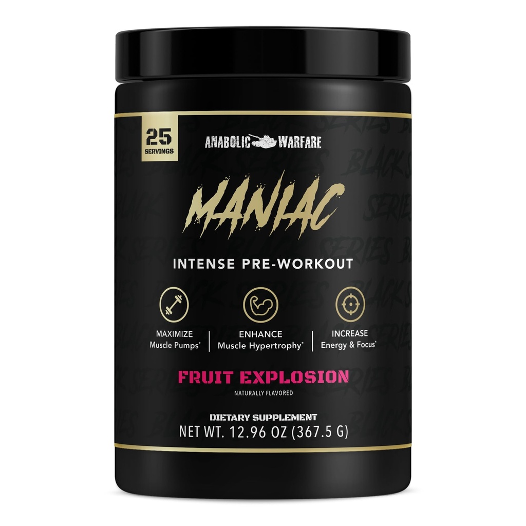 Anabolske krigsførelse Black Series Maniac, Pre- workout pulver, understøtter nitrogenoxid, muskelpumper, og Protein Syntese * Frugt eksplosion